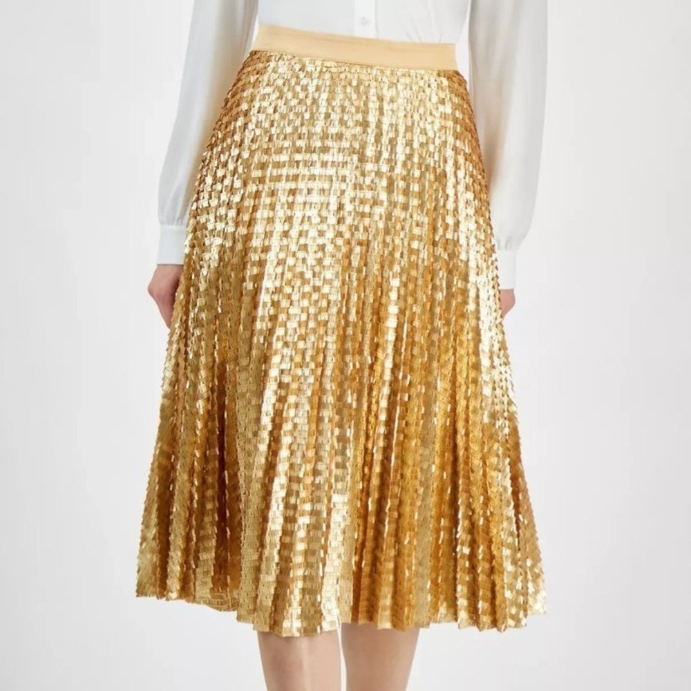 T‎ Tahari Sequined Pleated Gold Flare Midi Skirt Womens Size 10 NWT